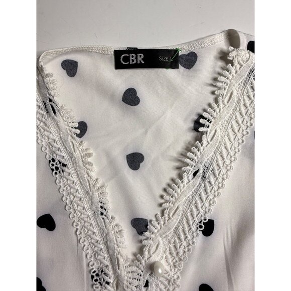 White Sleeveless Heart Print Blouse W/ Lace Details & Ruffled Shoulders - Picture 5 of 7